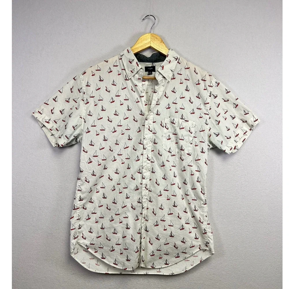J Crew Short Sleeve Button Down Shirt Sailboat Print White Red Men's Size Medium